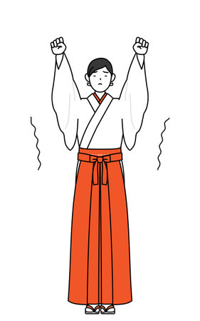Shrine Maiden Of The Shrine, wearing White kosode and Red Hakama, stretching and standing tall, Vector Illustrationのイラスト素材