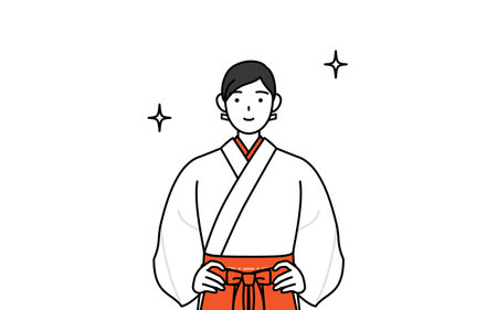 Shrine Maiden Of The Shrine, wearing White kosode and Red Hakama, with her hands on her hips, Vector Illustrationのイラスト素材