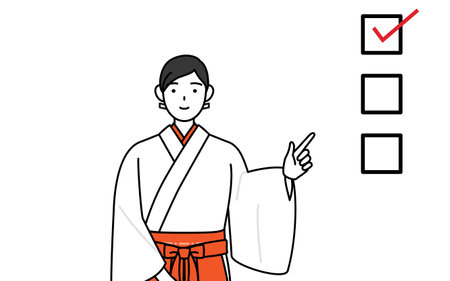 Shrine Maiden Of The Shrine, wearing White kosode and Red Hakama, pointing to a checklist, Vector Illustrationのイラスト素材
