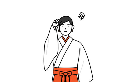 Shrine Maiden Of The Shrine, wearing White kosode and Red Hakama, scratching her head in distress, Vector Illustrationのイラスト素材