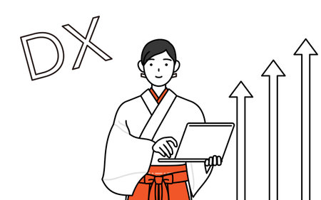 Image of DX, Shrine Maiden Of The Shrine, wearing White kosode and Red Hakama, who has successfully improved her business, Vector Illustrationのイラスト素材