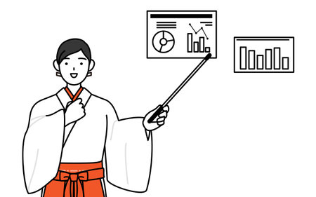 Shrine Maiden Of The Shrine, wearing White kosode and Red Hakama, analyzing a performance graph, Vector Illustrationのイラスト素材