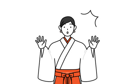 Shrine Maiden Of The Shrine, wearing White kosode and Red Hakama, raising her hand in surprise, Vector Illustrationのイラスト素材
