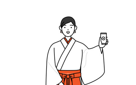 Shrine Maiden Of The Shrine, wearing White kosode and Red Hakama, using a smartphone at work, Vector Illustrationのイラスト素材