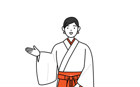 Shrine Maiden Of The Shrine, wearing White kosode and Red Hakama, giving directions, Vector Illustrationのイラスト素材