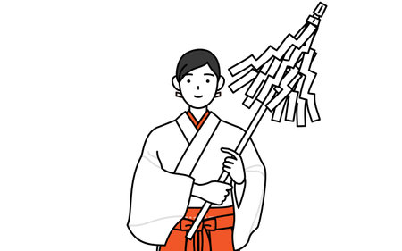 Shrine Maiden Of The Shrine, wearing White kosode and Red Hakama, praying, Vector Illustrationのイラスト素材