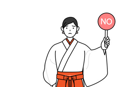 Shrine Maiden Of The Shrine, wearing White kosode and Red Hakama, holding a placard with an X indicating incorrect answer, Vector Illustrationのイラスト素材