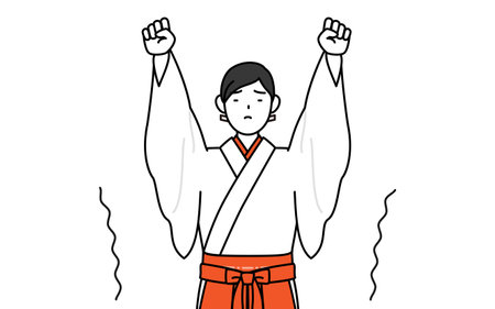 Shrine Maiden Of The Shrine, wearing White kosode and Red Hakama, stretching and standing tall, Vector Illustrationのイラスト素材