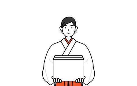 Shrine Maiden Of The Shrine, wearing White kosode and Red Hakama, working to carry cardboard boxes, Vector Illustrationのイラスト素材