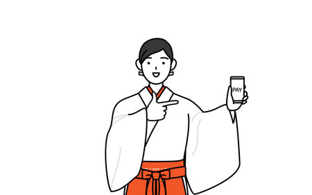 Shrine Maiden Of The Shrine, wearing White kosode and Red Hakama, recommending cashless online payments on a smartphone, Vector Illustrationのイラスト素材
