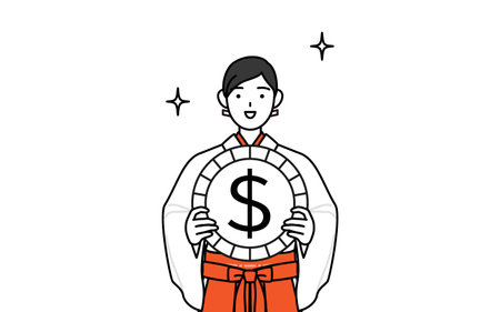 Shrine Maiden Of The Shrine, wearing White kosode and Red Hakama, with images of foreign exchange gains and dollar appreciation, Vector Illustrationのイラスト素材