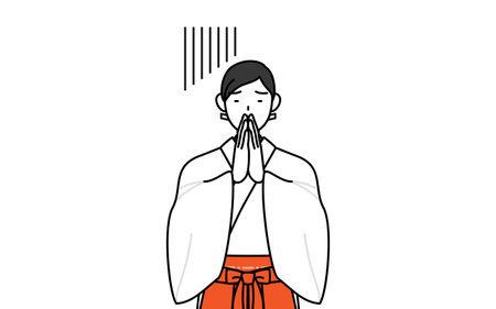 Shrine Maiden Of The Shrine, wearing White kosode and Red Hakama, apologizing with her hands in front of her body, Vector Illustrationのイラスト素材