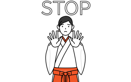Shrine Maiden Of The Shrine, wearing White kosode and Red Hakama, with her hands out in front of her body, signaling a stop, Vector Illustrationのイラスト素材