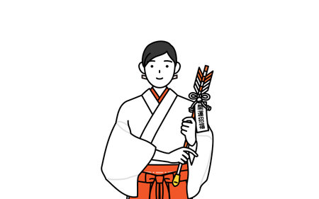 Shrine Maiden Of The Shrine, wearing White kosode and Red Hakama, holding a scepter - Translation: Luck and Blessingsのイラスト素材