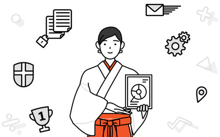 Image of DX, Shrine Maiden Of The Shrine, wearing White kosode and Red Hakama, using digital technology to improve her business, Vector Illustrationのイラスト素材