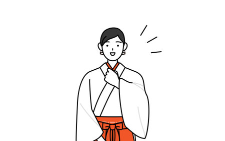 Shrine Maiden Of The Shrine, wearing White kosode and Red Hakama, tapping her chest, Vector Illustrationのイラスト素材