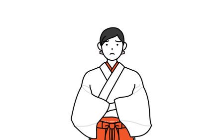 Shrine Maiden Of The Shrine, wearing White kosode and Red Hakama, with crossed arms, deep in thought, Vector Illustrationのイラスト素材
