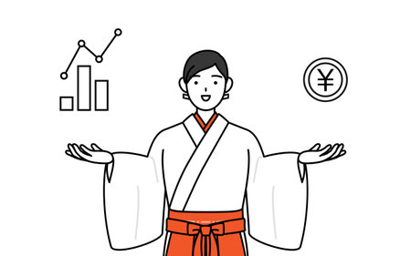 Shrine Maiden Of The Shrine, wearing White kosode and Red Hakama, guiding an image of DX, performance and sales improvement, Vector Illustrationのイラスト素材