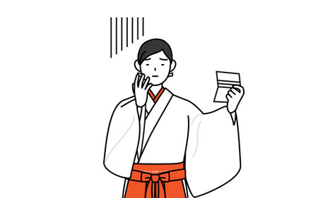 Shrine Maiden Of The Shrine, wearing White kosode and Red Hakama, looking at her bankbook and feeling depressed, Vector Illustrationのイラスト素材