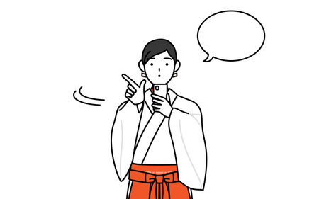 Shrine Maiden Of The Shrine, wearing White kosode and Red Hakama, operating a smartphone, Vector Illustrationのイラスト素材