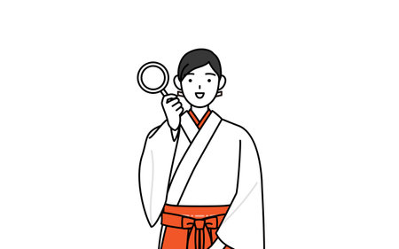 Shrine Maiden Of The Shrine, wearing White kosode and Red Hakama, holding a magnifying glass and placing her hand on her hip, Vector Illustrationのイラスト素材