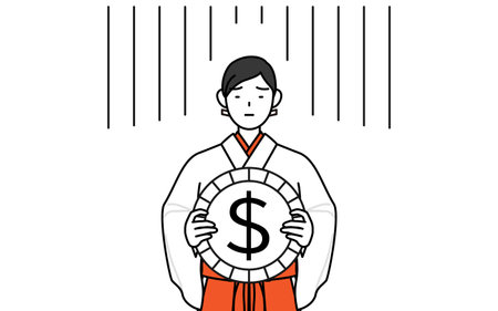 Shrine Maiden Of The Shrine, wearing White kosode and Red Hakama, an image of exchange loss or dollar depreciation, Vector Illustrationのイラスト素材