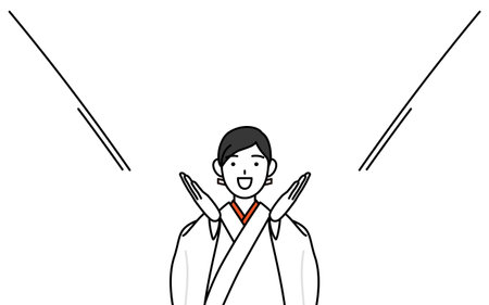 Shrine Maiden Of The Shrine, wearing White kosode and Red Hakama, calling out with her hand over her mouth, Vector Illustrationのイラスト素材