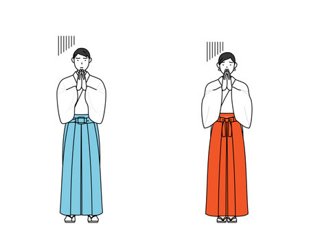 Priest and shrine maiden of the shrine, apologizing with his hands in front of his body, Vector Illustrationのイラスト素材