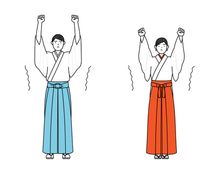 Priest and shrine maiden of the shrine, stretching and standing tall, Vector Illustrationのイラスト素材