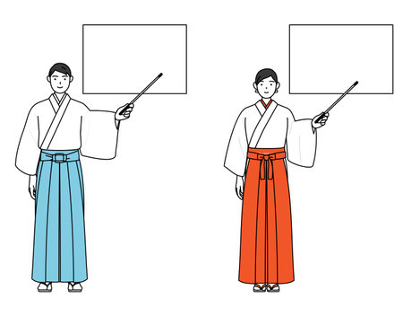 Priest and shrine maiden of the shrine, pointing at a whiteboard with an indicator stick, Vector Illustrationのイラスト素材