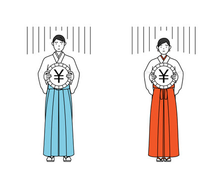 Priest and shrine maiden of the shrine, an image of exchange loss or yen depreciation, Vector Illustrationのイラスト素材