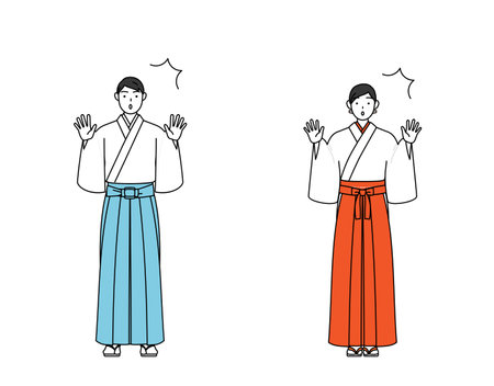 Priest and shrine maiden of the shrine, raising his hand in surprise, Vector Illustrationのイラスト素材