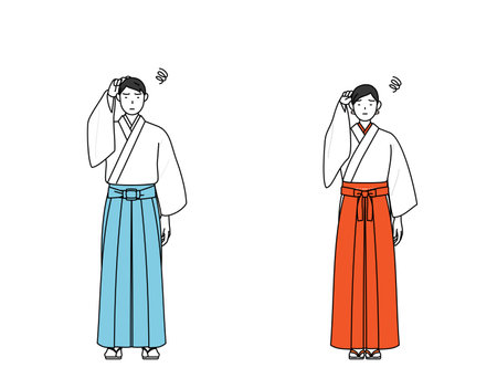 Priest and shrine maiden of the shrine, scratching his head in distress, Vector Illustrationのイラスト素材