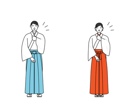 Priest and shrine maiden of the shrine, tapping his chest, Vector Illustrationのイラスト素材