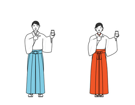 Priest and shrine maiden of the shrine, recommending cashless online payments on a smartphone, Vector Illustrationのイラスト素材