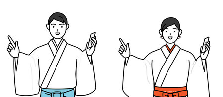 Priest and shrine maiden of the shrine, pointing while on the phone, Vector Illustrationのイラスト素材