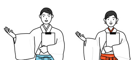 Priest and shrine maiden of the shrine, holding a clipboard and extending his hand, Vector Illustrationのイラスト素材