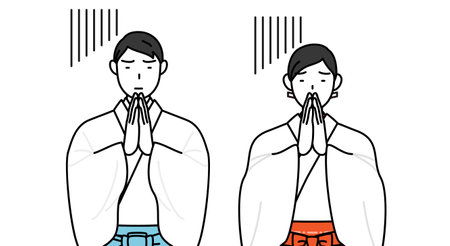 Priest and shrine maiden of the shrine, apologizing with his hands in front of his body, Vector Illustrationのイラスト素材