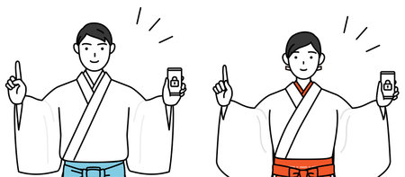 Priest and shrine maiden of the shrine, taking security measures for his phone, Vector Illustrationのイラスト素材