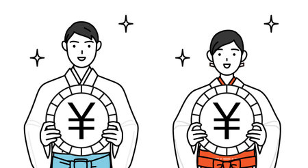 Priest and shrine maiden of the shrine, an image of foreign exchange gains and yen appreciation, Vector Illustrationのイラスト素材