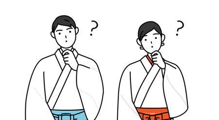 Priest and shrine maiden of the shrine, nodding his head in question, Vector Illustrationのイラスト素材