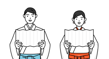 Priest and shrine maiden of the shrine, performing a prayer of congratulation, Vector Illustrationのイラスト素材