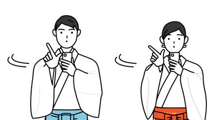 Priest and shrine maiden of the shrine, operating a smartphone, Vector Illustrationのイラスト素材