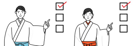 Priest and shrine maiden of the shrine, pointing to a checklist, Vector Illustrationのイラスト素材