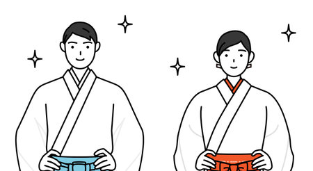 Priest and shrine maiden of the shrine, with his hands on his hips, Vector Illustrationのイラスト素材