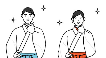 Priest and shrine maiden of the shrine, in a confident pose, Vector Illustrationのイラスト素材