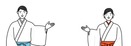 Priest and shrine maiden of the shrine, giving directions, with a wipeout, Vector Illustrationのイラスト素材