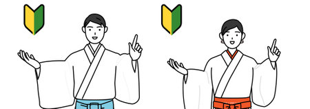 Priest and shrine maiden of the shrine, showing the symbol for young leaves, Vector Illustrationのイラスト素材