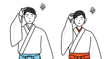 Priest and shrine maiden of the shrine, scratching his head in distress, Vector Illustrationのイラスト素材