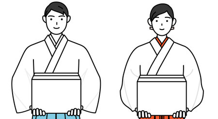 Priest and shrine maiden of the shrine, working to carry cardboard boxes, Vector Illustrationのイラスト素材